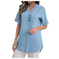 thumbnail image 2 of SDNall Summer Tops with Button for Women 2024 Fashion Summer V-Neck Solid Color Casual Loose Short-Sleeved Top (Sky Blue,Sizes:S-3XL), 2 of 9