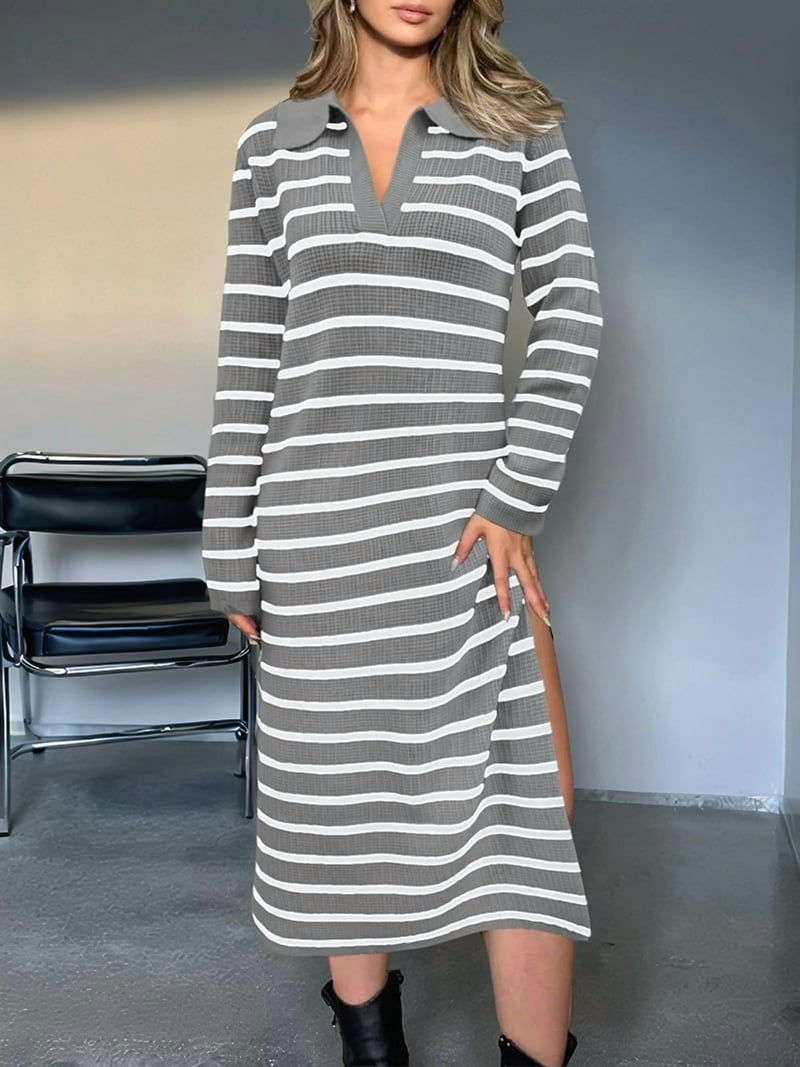 Womens Striped Sweater Dress Fall Chunky Knit V Neck Collared Long Sleeve  Slit Loose Midi Dresses Brown XXL