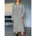 thumbnail image 3 of Womens Striped Sweater Dress Fall Chunky Knit V Neck Collared Long Sleeve Slit Loose Midi Dresses Grey XXL, 3 of 7