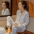 thumbnail image 4 of Maynos Women's Sexy Korean Style Striped Lapels Button Silk Satin Home Service Long Sleeve Solid Color Two-piece Pajamas Suit, M-5XL White, 4 of 6