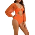 thumbnail image 4 of Bikini de una pieza con escote en V, mangas largas, malla y control de abdomen, color naranja, talla X-Small, 4 of 5