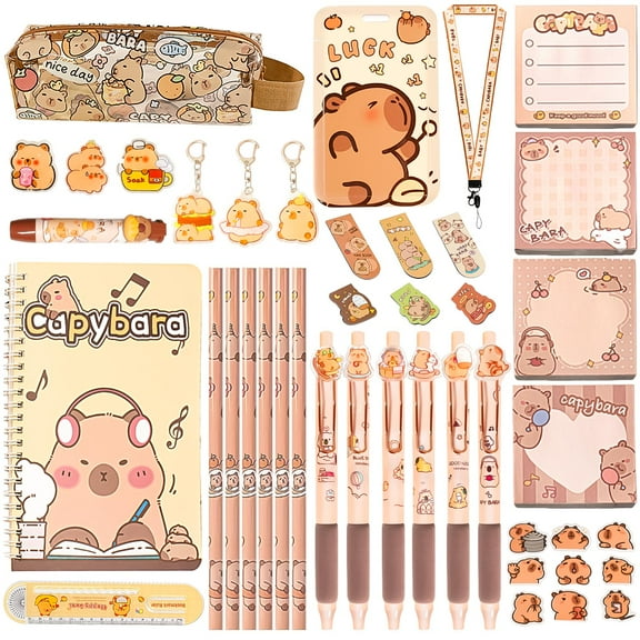 Cute Capybara Stationery Set Includes Gel Pens Pencil Eraser A5 Notebook Stickers ID Badge Holder Ruler Kawaii Birthday Christmas Gifts for Office Home Supplies