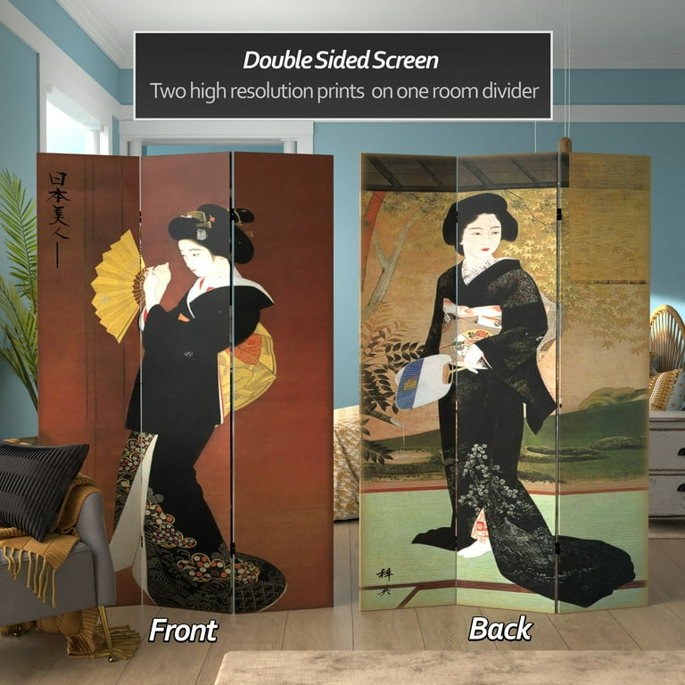 Oriental Furniture 6-Foot Tall Japanese Art Print Room Divider Screen – Double-Sided Folding Partition