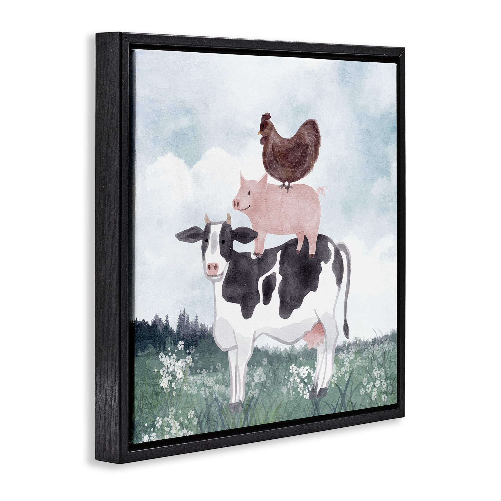 Stupell Industries Muted Stacked Farm Animals Black Framed Floater Canvas Wall Art, design by Kim Allen