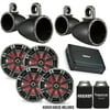 Kicker 8" Black\Charcoal Wake Tower LED Marine Speakers 2-Pairs with 400 Watt KXMA Marine Amplifier