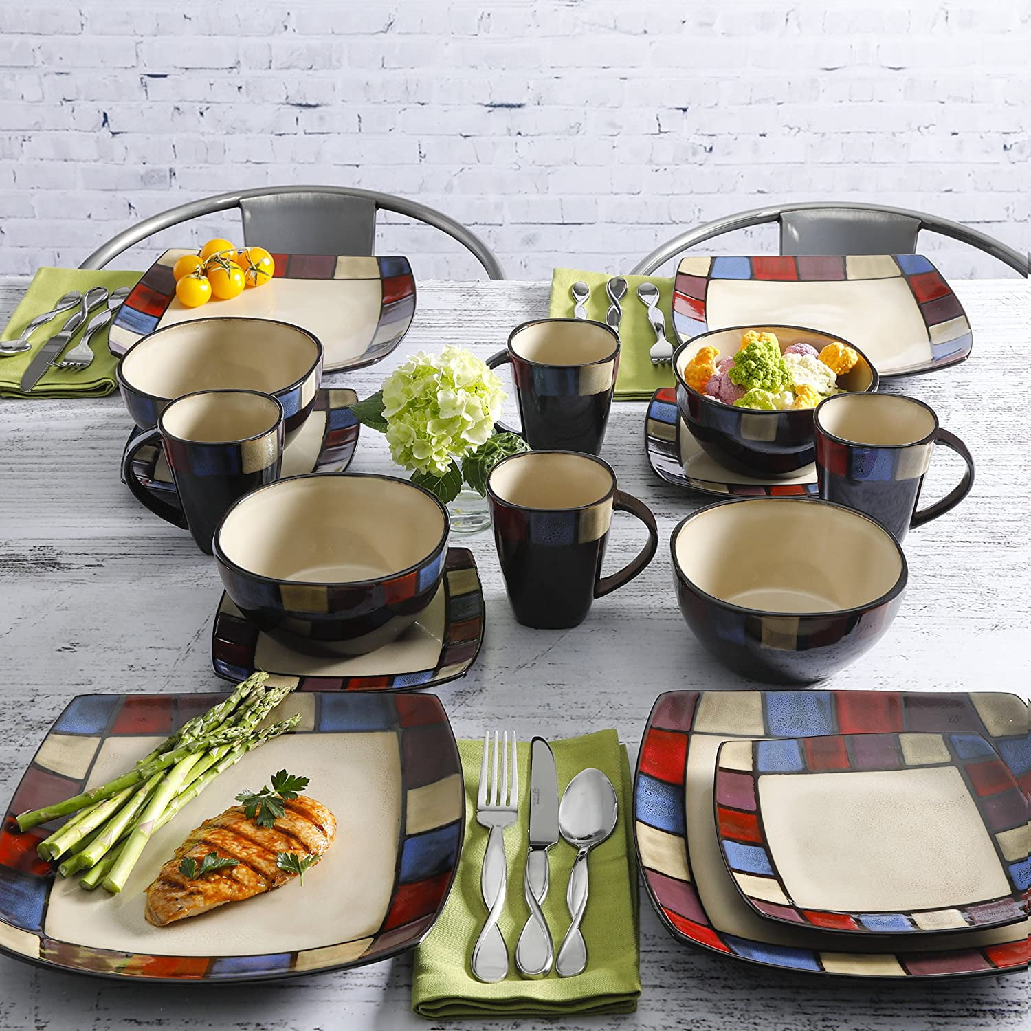 Gibson Elite Soho Lounge 16 Piece Square Stoneware Dinnerware Set in