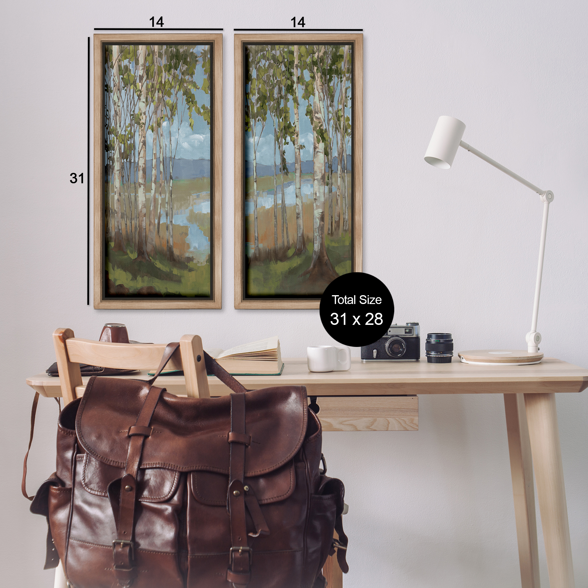 Stupell Industries White Birch Copse of Trees Landscape & Nature Painting Brown Floater Framed Canvas Art Print Wall Art, 14 x 31, Set of 2