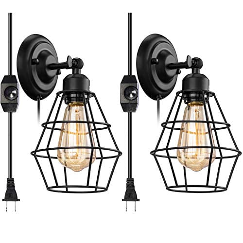 KOONTING 2 Pack Industrial Wall Lamp with Plug-in Cord On Wire Cage Wall Sconce 