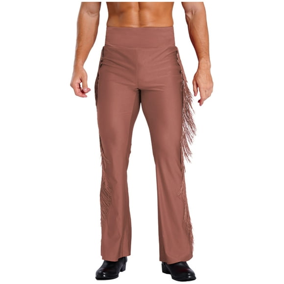 Lejafay Men's Retro 70S Disco Tassel Flared Pants Adult Latin Ballroom Tango Practice Performance Bell-Bottom Dance Pants Dusty Pink XXL