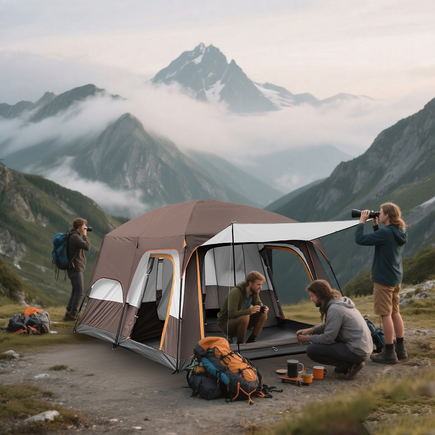 KFeng 8 Person Tents for Camping - 2Rooms 3Doors&3Windows Mesh,Suitable for Outdoor/Picnic,Brown