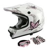 TCMT DOT Helmet for Kids & Youth Pink Butterfly White with Goggles & Gloves for Dirt Bike Motocross Offroad Street S Size