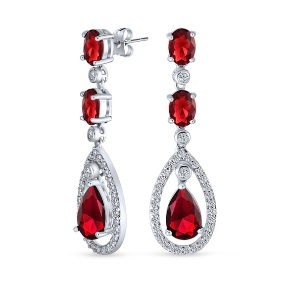 Fashion Vintage Art Deco Style Wedding Simulated Red Ruby AAA Cubic Zirconia Halo Teardrop CZ Statement Dangle Chandelier Earrings for Women Bridal Party Silver Plated