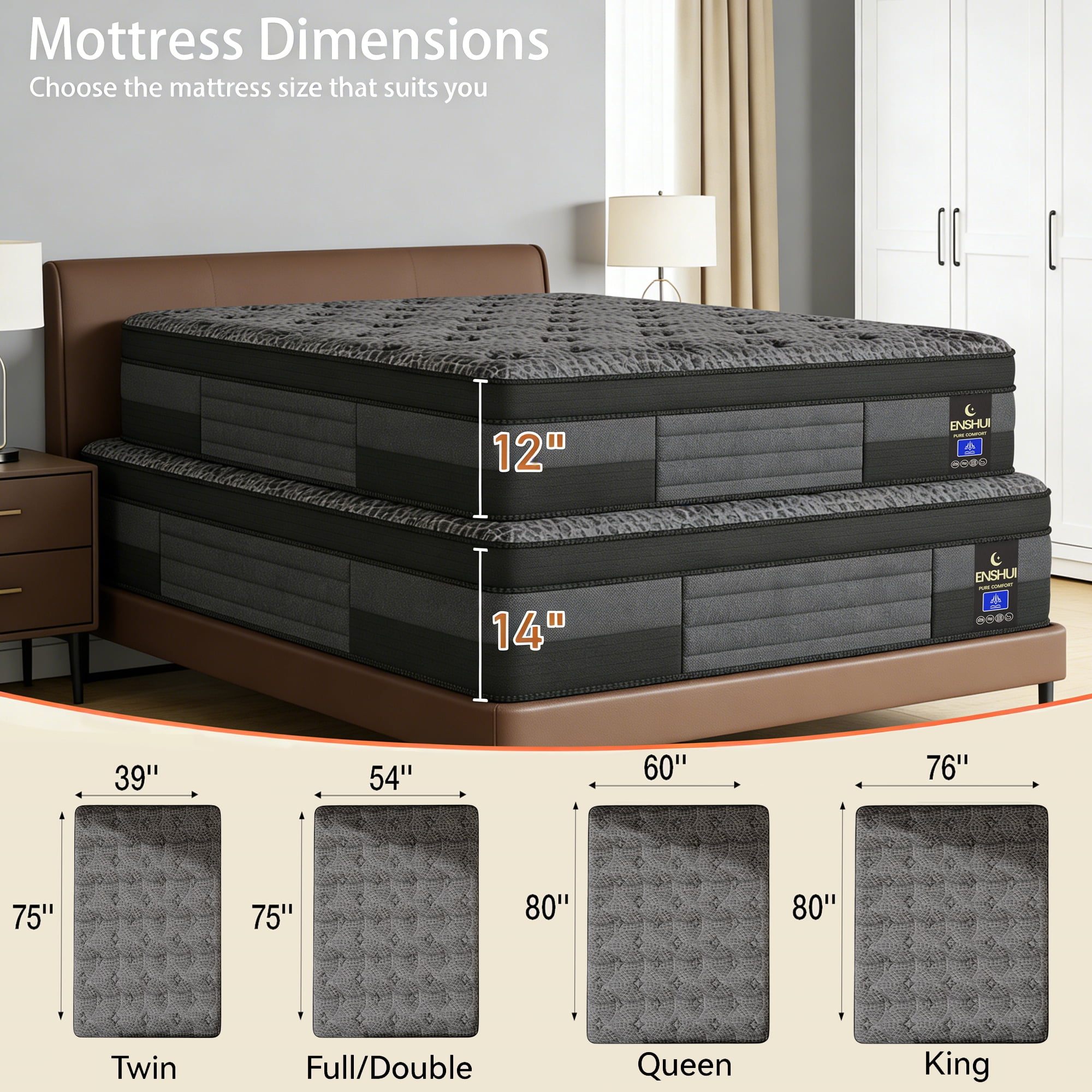 14 inch Twin Mattress,Memory Foam Hybrid Twin Mattress in a Box with Pocket Springs, Pressure Relief & Motion Isolation, CertiPUR-US Certified, Medium Firm