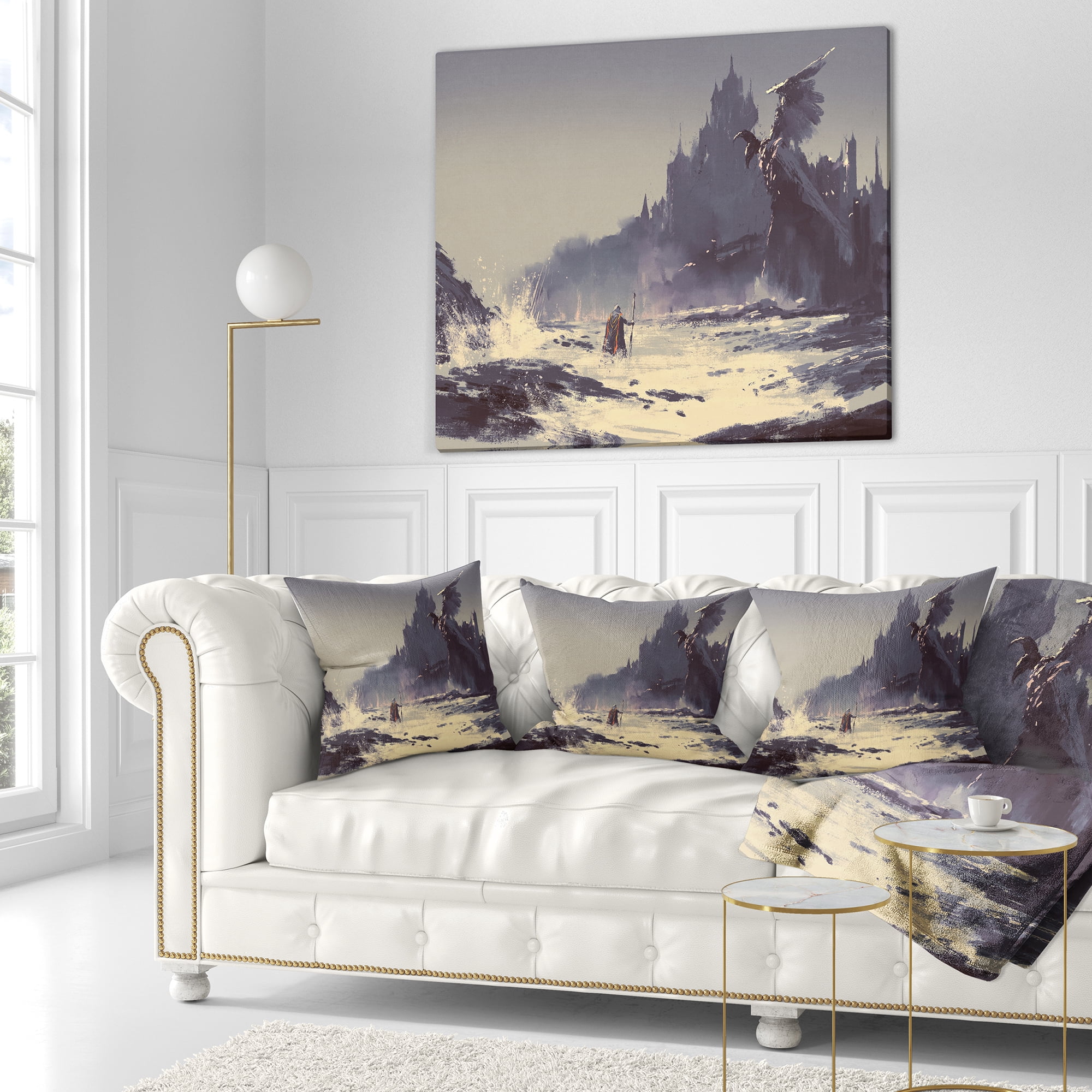 Designart Dark Fantasy Castle - Landscape Painting Throw Pillow - 16x16