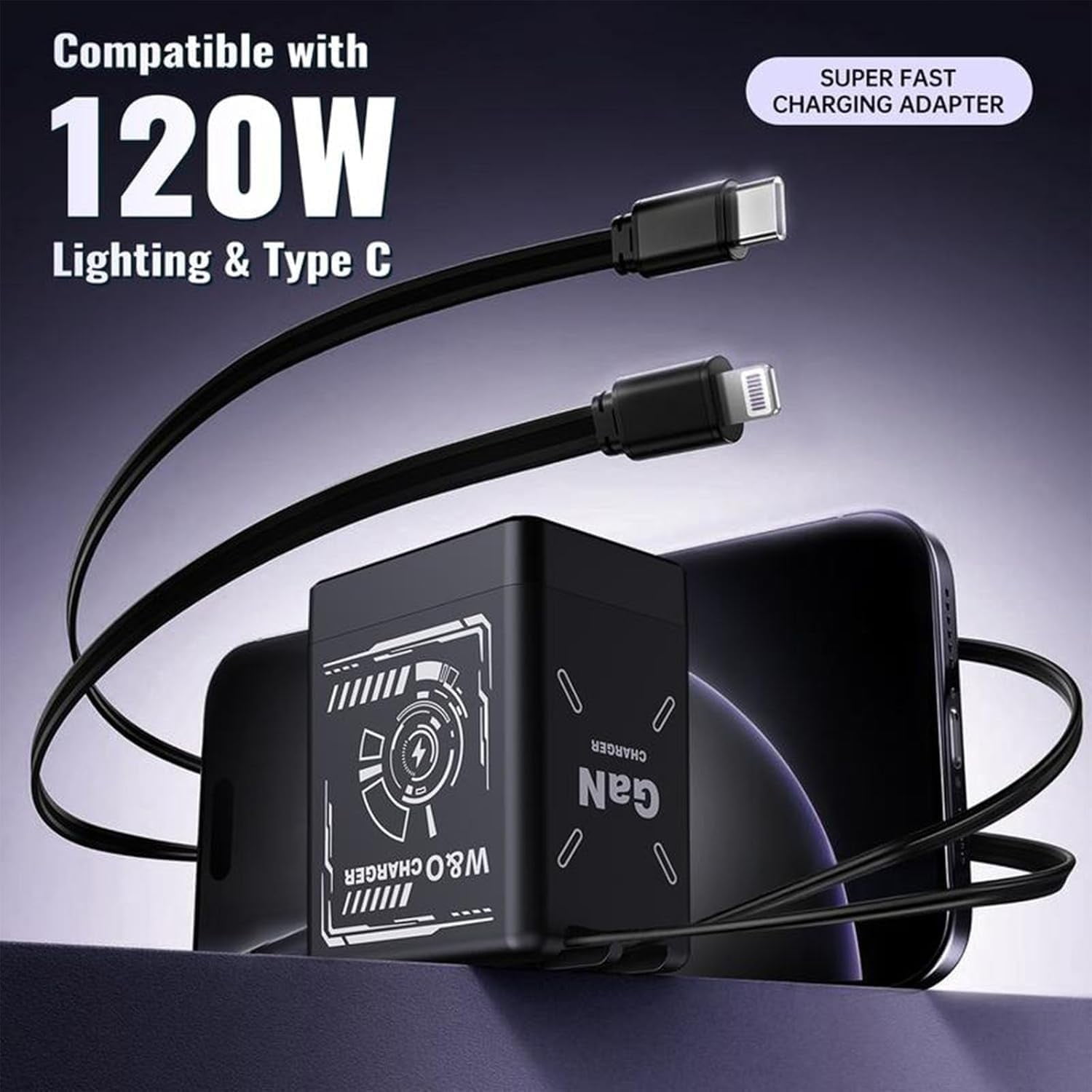 2-in-1 GaN Fast Type-C&IOS Charger, W&o Gan Charger Compatible with 120w Fast Charger, All in One Foldable Plug for Phone, Retractable Wall, Fast Charging Power Adapter for Smartphone, GN