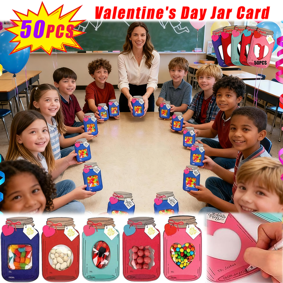 50 Pack Valentine's Day Mason Jar Cards - DIY Treat Holder Cards with Candy Bags, Handwritten Blessing Design for Classroom Gift Exchange, Family Party Favors, Friend Gatherings (Candy Not Included)