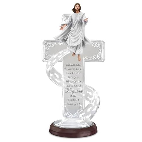 The Bradford Exchange Walking In Grace Illuminated Footprints In The Sand Cross Religious Sculpture with 'Footprints in the Sand' Poem & Handcrafted Figure of Jesus 11-Inches
