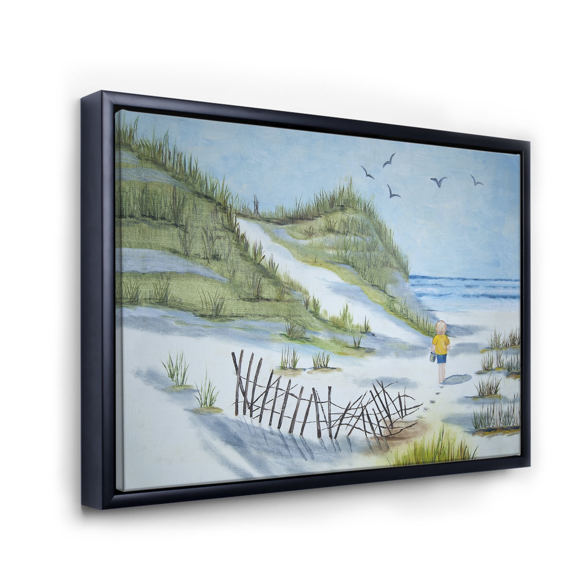 Designart 'Child Walking to The Beach' Nautical & Coastal Framed Canvas Wall Art Print