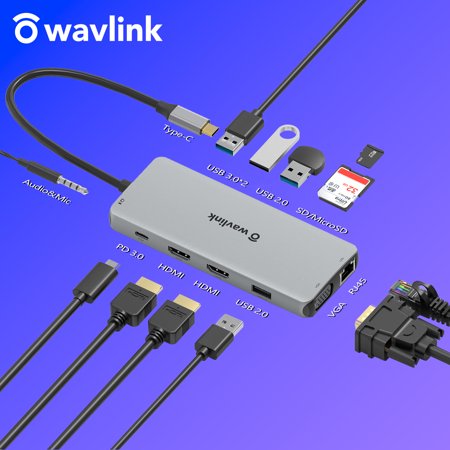 Wavlink USB C Dock 11 Ports MST Hub 60W USB C Charger, USB C to HDMI/VGA Display, Dual Monitor 4K@30Hz HDMI, 2K@60Hz VGA, 2xUSB 3.0, USB 2.0, SD/TF Card Reader, Gigabit Ethernet, 3.5mm Phone Jack