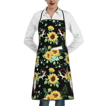 

Gaeub Sunflower Skull Boho Kitchen Cooking Aprons Adjustable Bib Apron Waterdrop and Oil Resistant Kitchen Chef Apron for Women Men