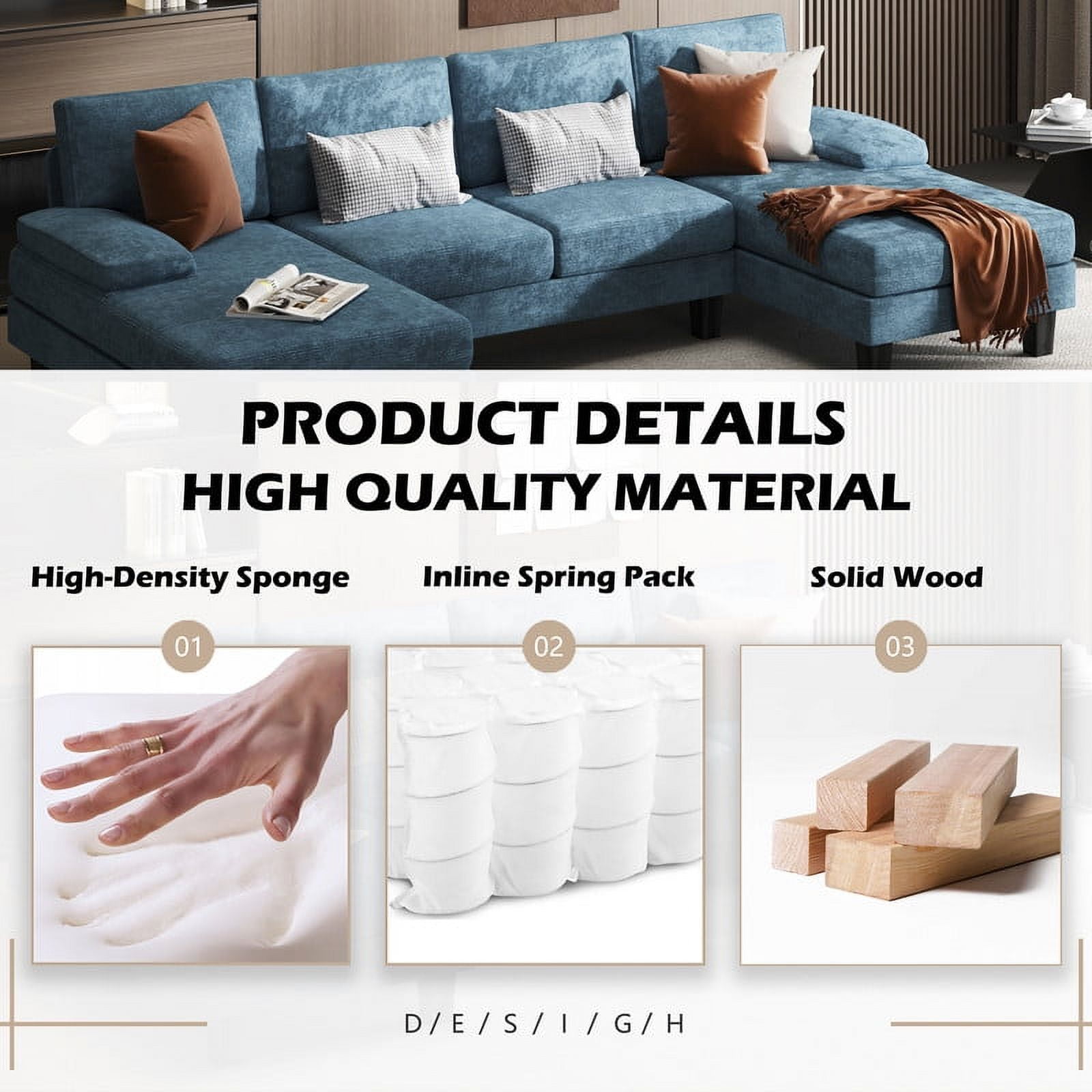 Homall 105"  Modern U-Shape Sectional Sofa, Chenille Fabric Modular Couch, 4 Seat Oversized Sofa with Chaise for Living Room, Blue