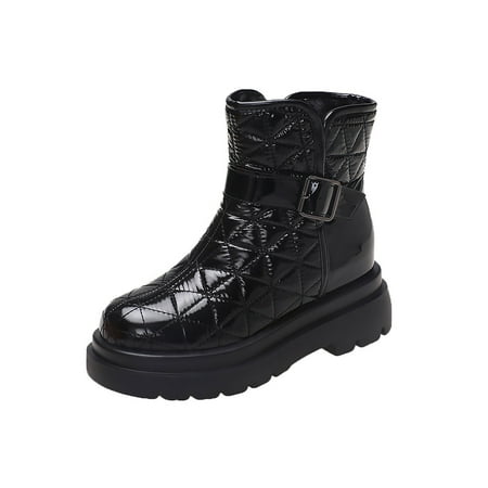 

Ferndule Womens Round Toe Snow Boots Walking Casual Buckle Winter Shoes Breathable Plush Lining Ankle Boot Black with Plush Lining 5.5