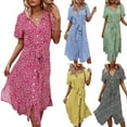 thumbnail image 3 of Robe Midi Boutonnée pour Femmes Manches Courtes Imprimé Floral Ceinturée Chemise Ample Jupe Mode Urbaine Rose Rouge S, 3 of 10