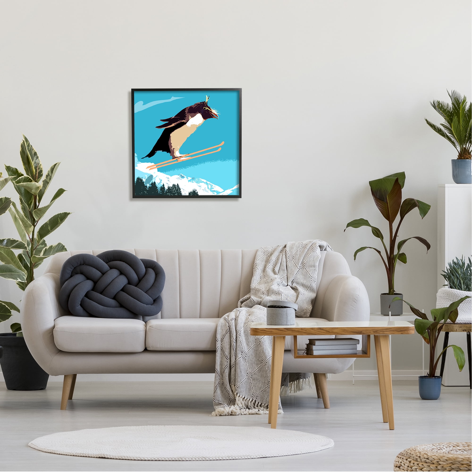 Stupell Industries Penguin Skiing Above Trees Winter Sports Illustration Graphic Art Black Framed Art Print Wall Art, Design by Noah Bay
