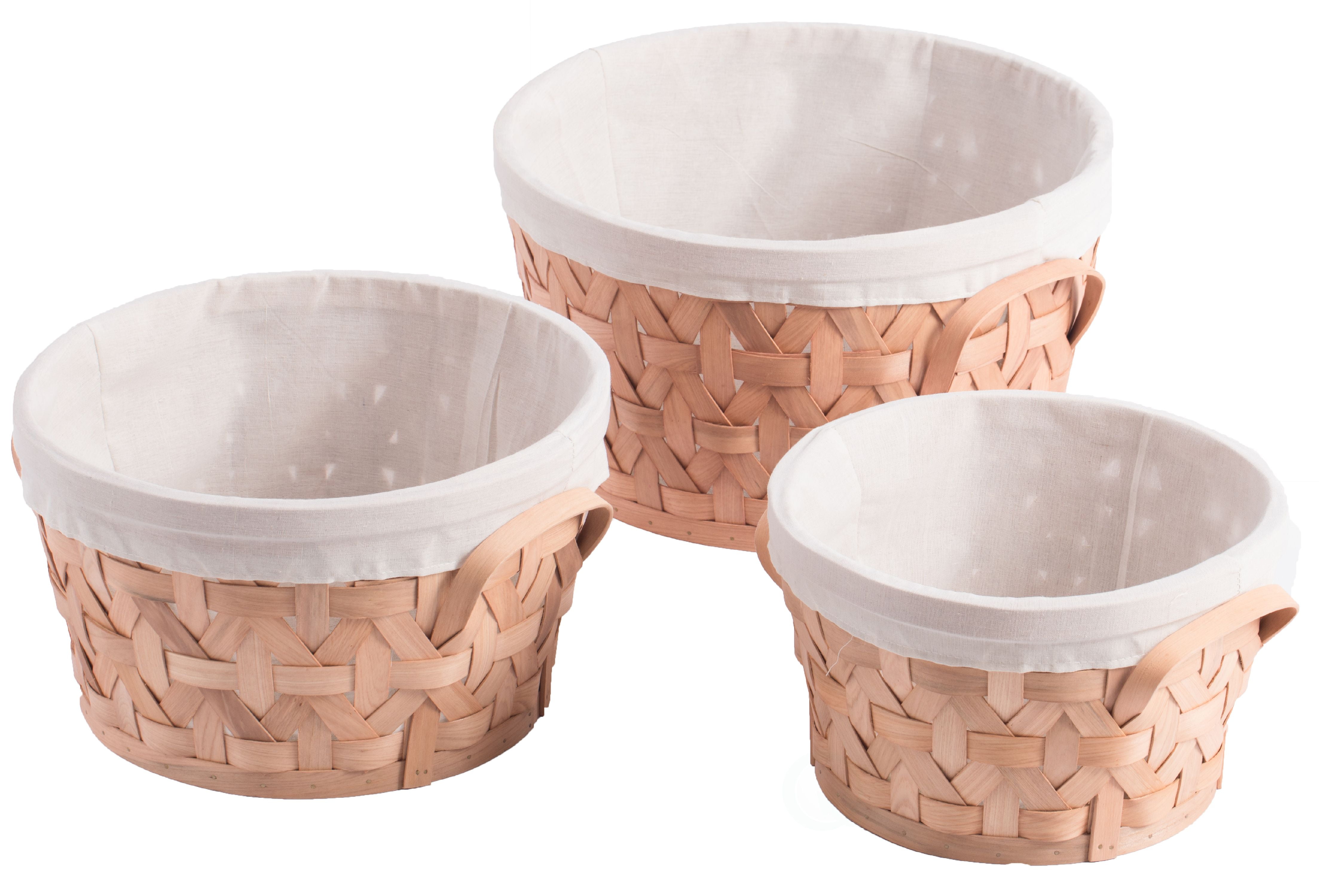 Wooden Round Display Basket Bins, Lined with White Fabric, Food Gift