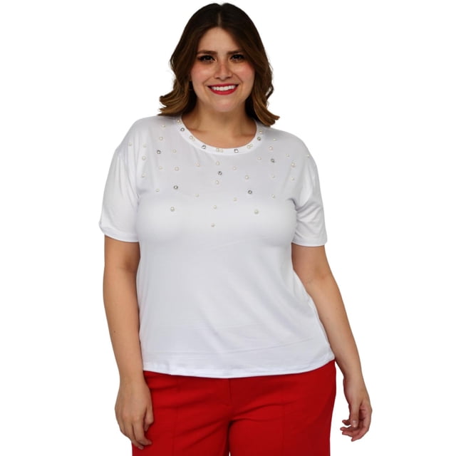 Playera con pedrería talla extra, modelo 3022-A (Blanco) blanco 36 Roman Fashion Blusa extra 3022-A