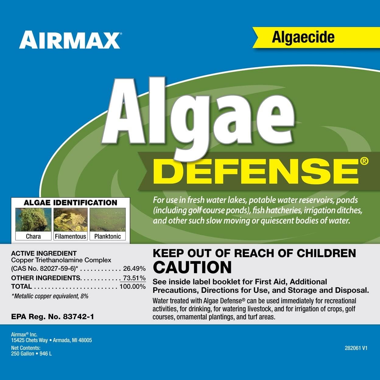 Airmax Algae Defense, EPA-Registered Algaecide for Scum & Chara, Pond & Lake Treatment, 1 Gallon