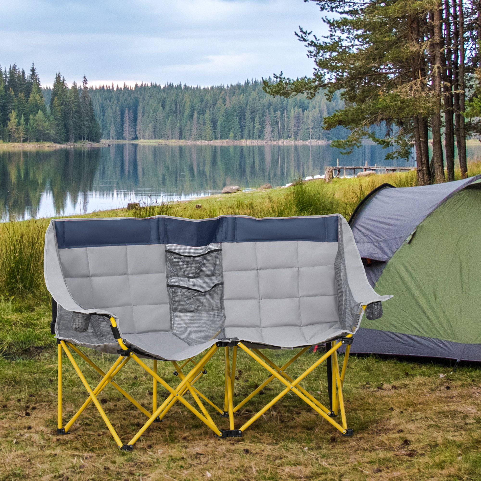 2 Person Double Folding Camping Loveseat Chair, Side-by-Side Outdoor Chair with Cup Holders Middle Storage Pocket Steel Frame Supports 264lbs Per Seat with Carry Bag