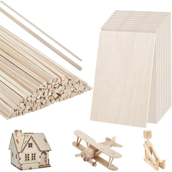 190 Pieces 2 Styles Balsa Wood Sticks Hardwood Square Wooden 11.8 Inch Long Unfinished Wooden Strips Thin Balsa Wood Sheets for Crafts DIY Projects Models Making Supplies(1/8in+1/4 inch)