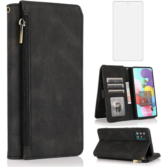 REQO Compatible with Samsung Galaxy A51 5G/A 51 5G UW Verizon Wallet Case Tempered Glass Screen Protector Zipper Leather Flip Cover Card Holder Stand Cell Accessories for 51A G5 S51 Women Men Black