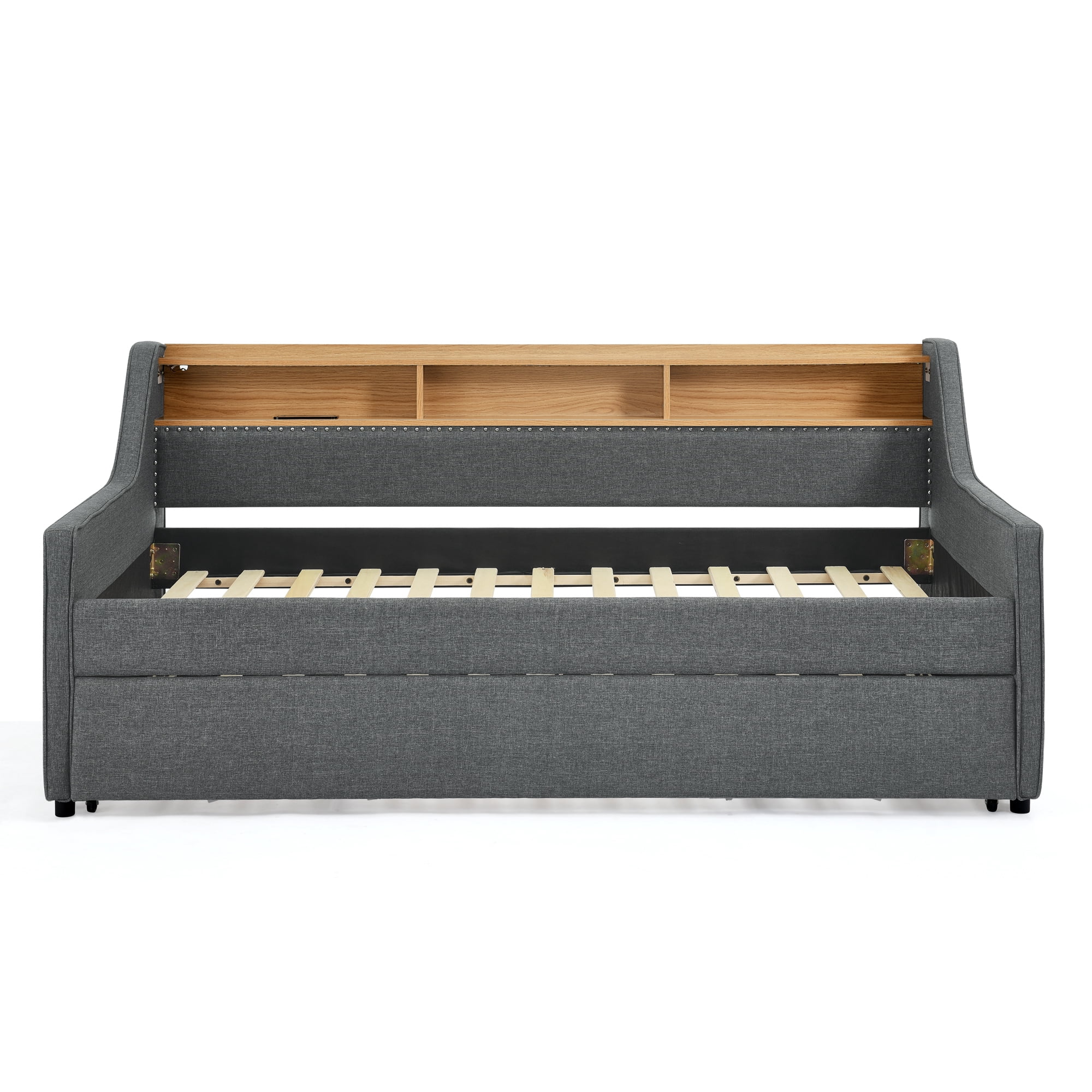 Leumius Twin Size Upholstered Daybed with Trundle,Comfy Sofa Bed with LED Lights,Wireless Charging,Storage Adjustable Headboard,Gray
