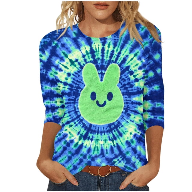 Camisetas de Pascua para las Mujeres Impresión de la Moda Suelta Casual Cuello Redondo Tres Cuartos de Manga Suéter
