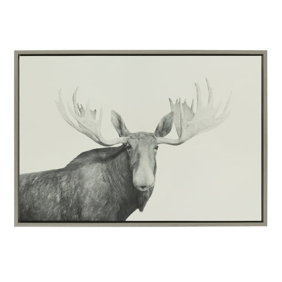 Kate and Laurel Sylvie Moose 2 crop BW Framed linen Textured Canvas Wall Art by Emiko and Mark Franzen of F2Images, 23x33 Gray, Decorative Forest Animal Art for Wall