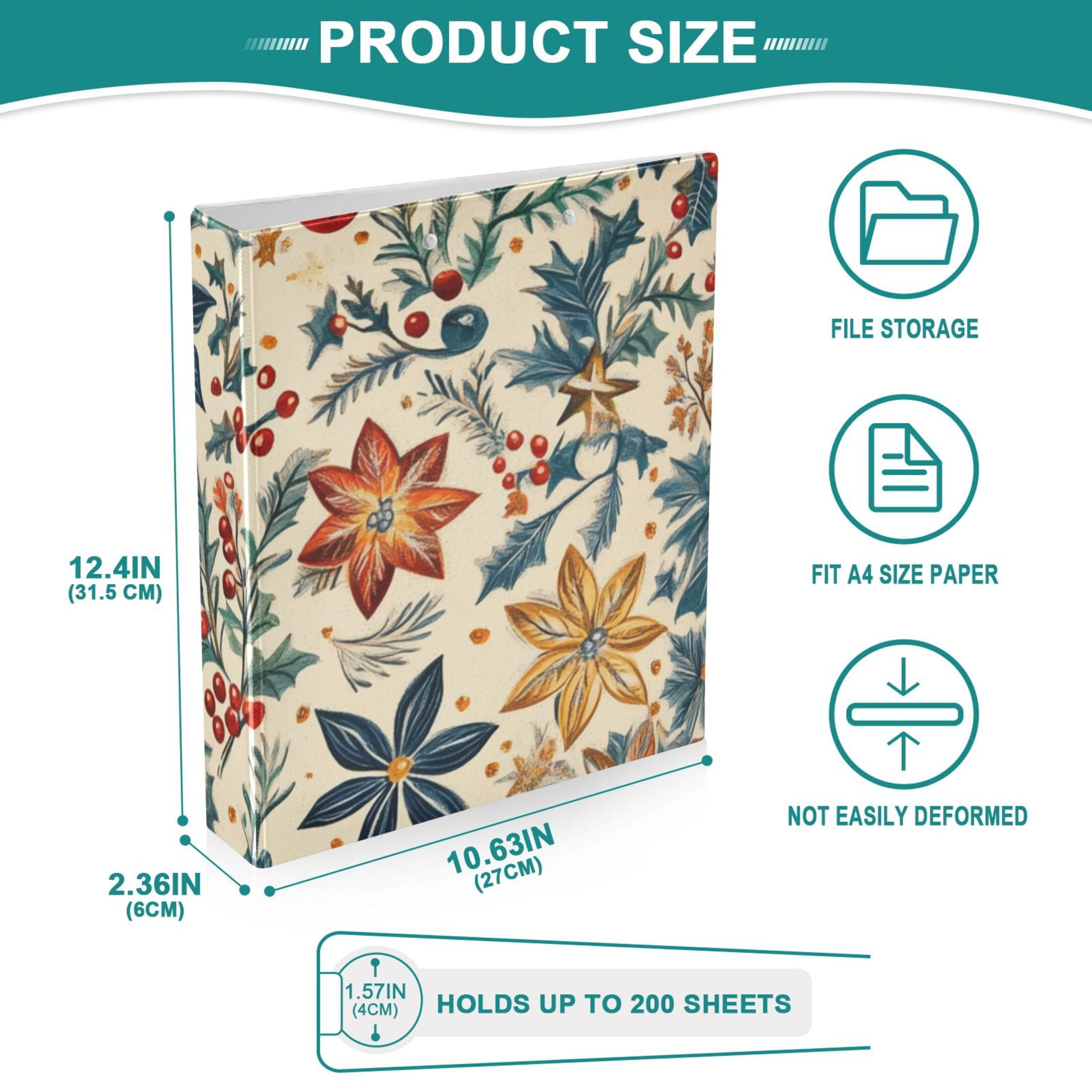Christmas Flowers Leaves 3 Ring Binders 1.5 inch Hardcover File Folders with Interior Pockets A4 Size Organizer for School Office Hospital