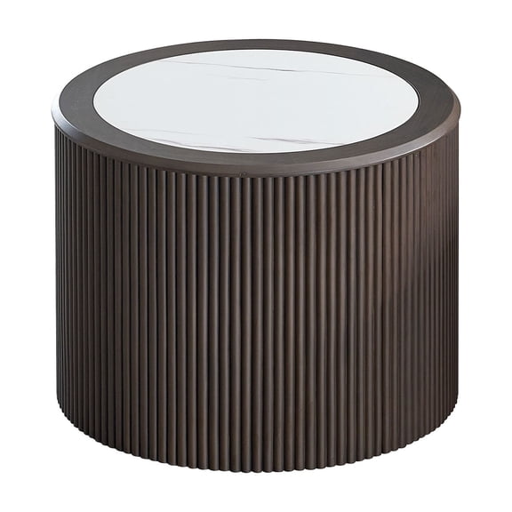 Modern Faux Marble Round Coffee Table - 23.62" Dark Brown MDF Side Table with Sturdy Pedestal for Living Room & Bedroom, Compact & Stylish Accent Piece