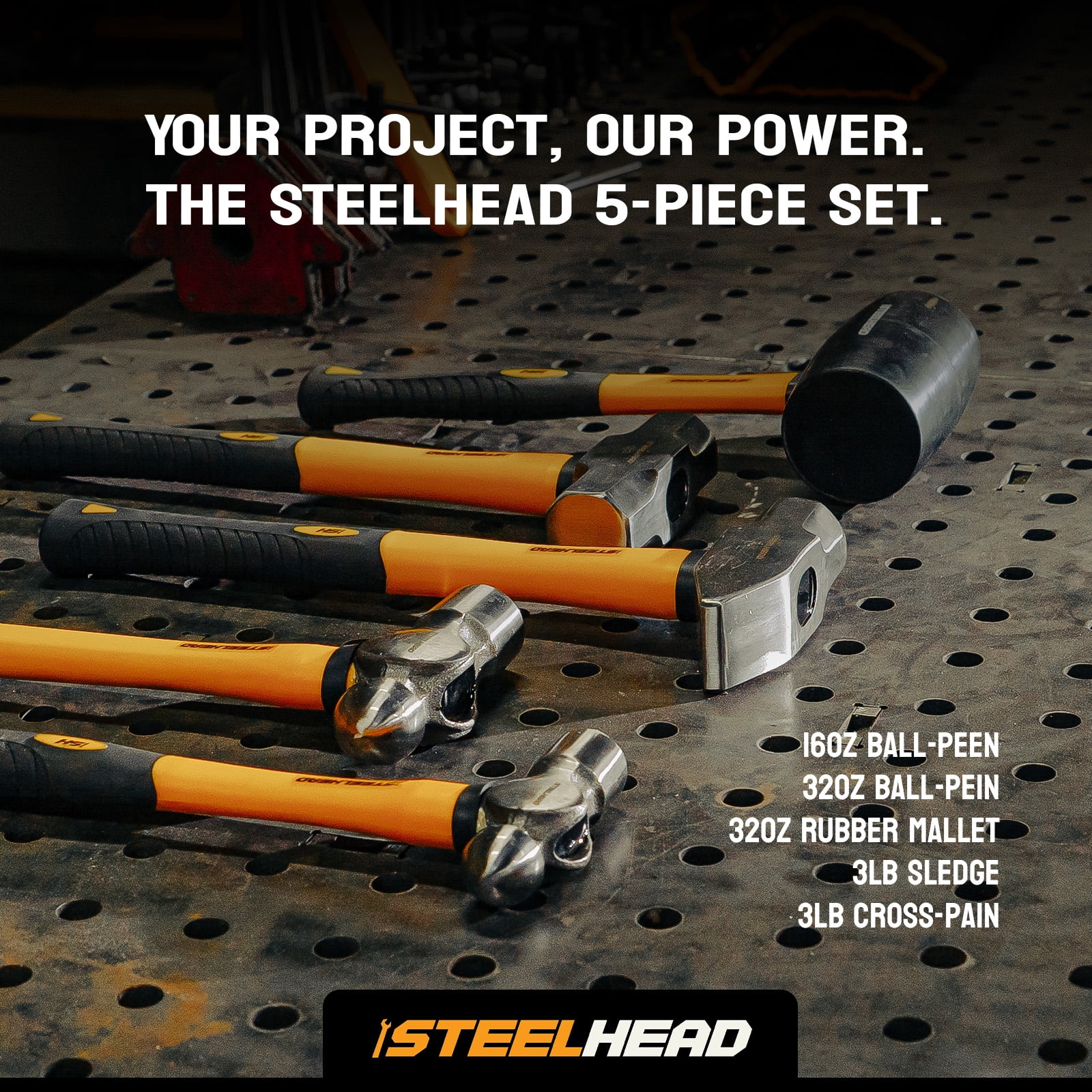 STEELHEAD 5-Piece Fiberglass Handle Hammer & Mallet Set, 16oz Ball-Peen Hammer, 32oz Ball-Pein Hammer, 32oz Rubber Mallet, 3lb Sledge Hammer, 3lb Cross-Pain Hammer