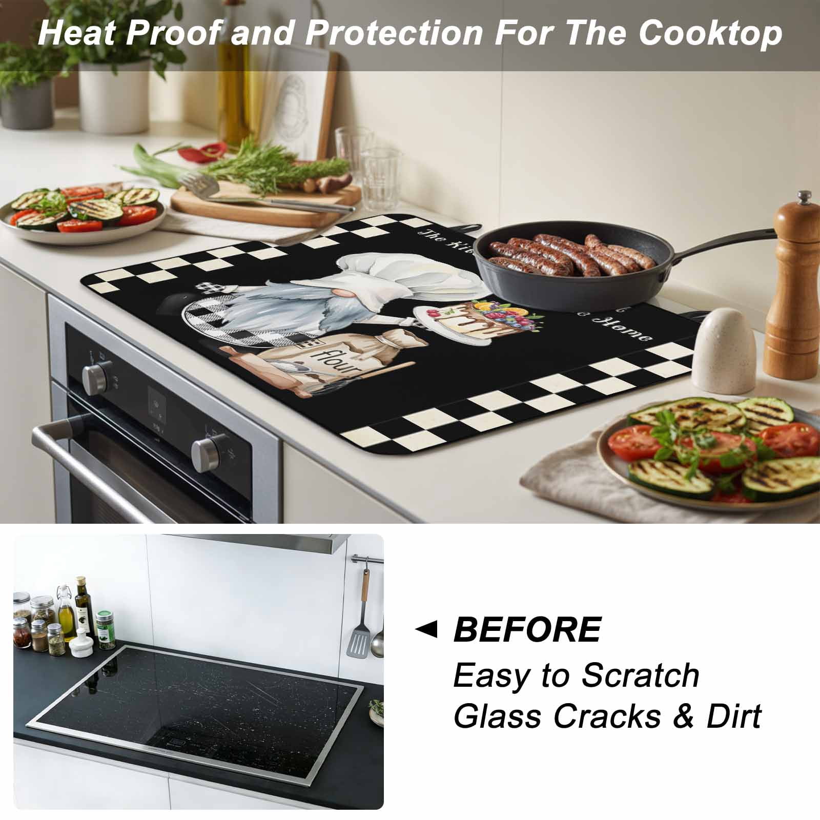 Chef Gnomes Stove Top Cover for Electric Stove, Heat-proof & Non Slip Glass Top Stove Cover Protector, Black White Plaid Dessert Maker Cake Kitchen Flat Cooktop Rubber Mat 24x21 Inches