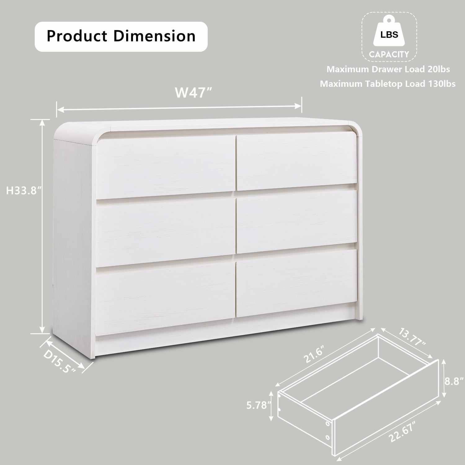 wow97e Modern 6 Drawers Dresser for Bedroom, 47" Wide Wood Chest of Drawers w/Curved Profile Design, for Bedroom, Living Room, White