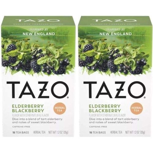 Tazo Foragers Elderberry Blackberry Herbal Tea 16 Count Tea Bags. Caffeine Free. 2 Pack