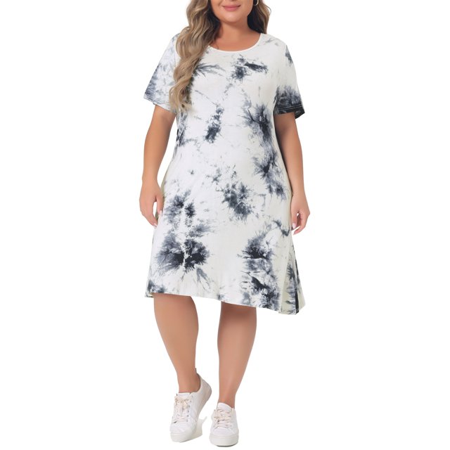Vestido de talla grande Agnes Orinda para mujeres, cuello redondo, teñido anudado, manga corta, vestido midi casual 2024, negro y blanco 1X