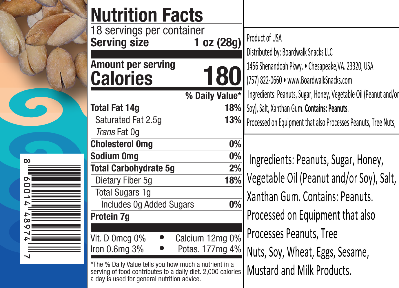 Boardwalk Snacks 15th Street Unsalted Virginia Peanuts, Healthy Snack Nuts, Non-GMO, 18oz
