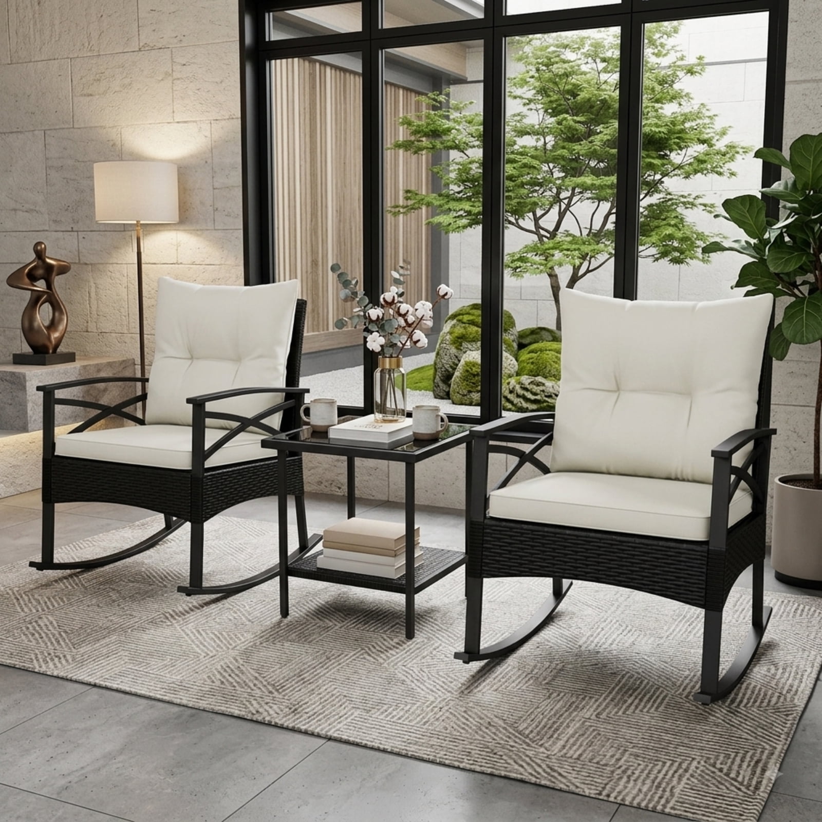 Furnibear Outdoor Metal Outdoor Rocking Chair for Porch Deck Balcony Natural/Black Finish 100 lbs Weather-Resistant Outdoor Furniture