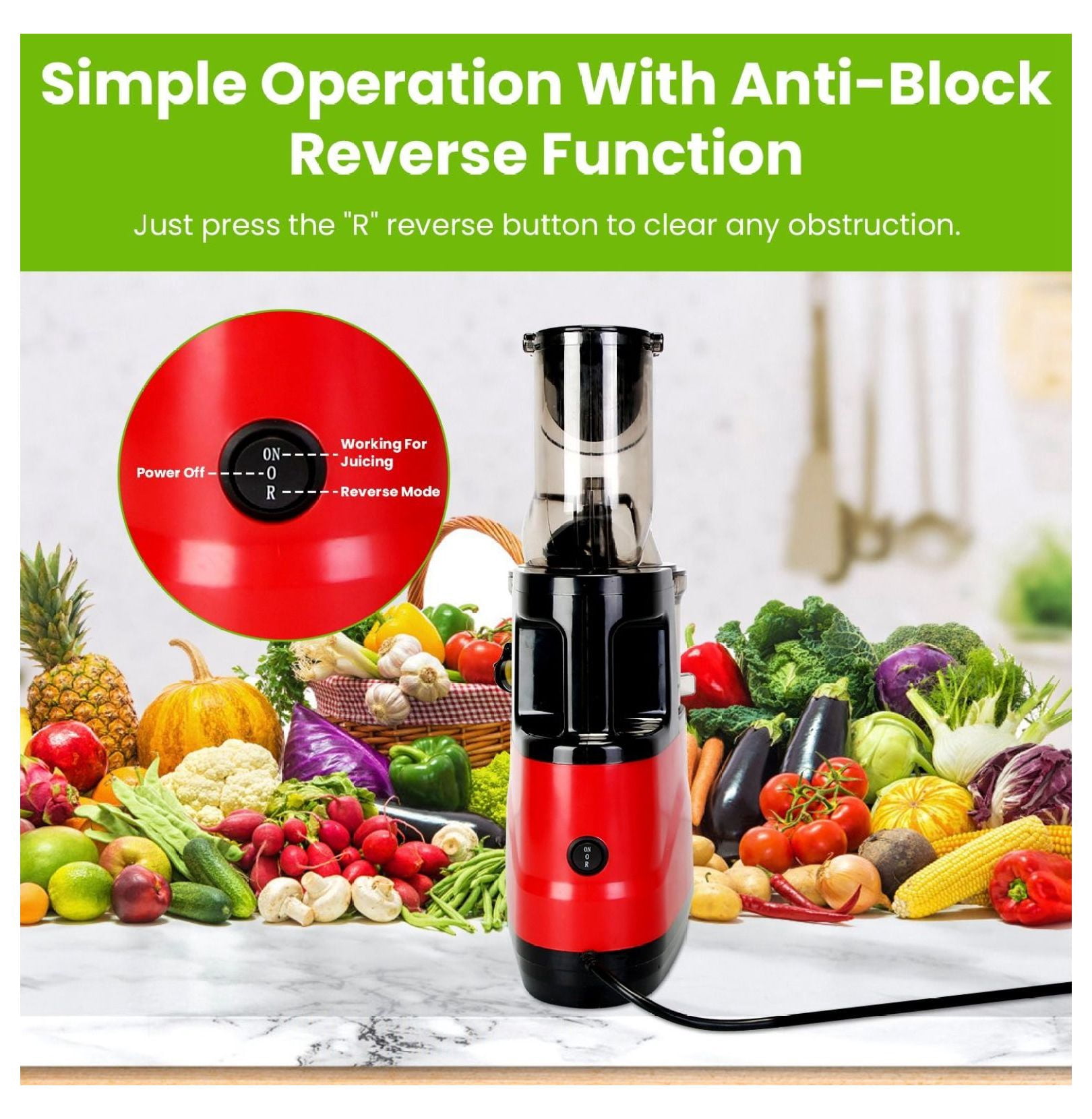 Cold Press Juicer Machine 300W Electric Slow Masticating Juicer for Whole Vegetable and Fruit with Reverse Function 2 Containers Cleaning Brush Clear Marks Easy Cleaning