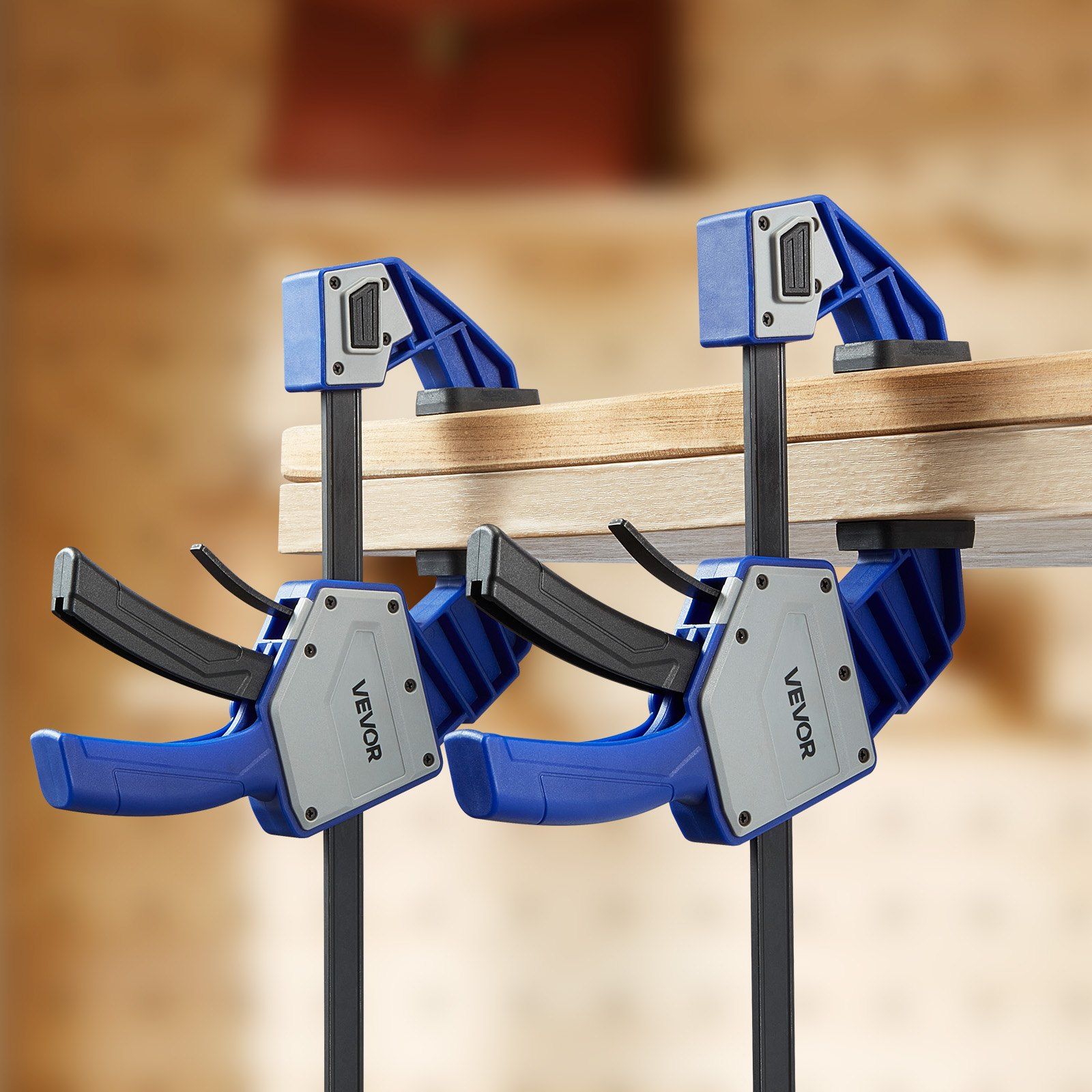 Bar Clamps for Woodworking, 2-Pack 24 inch One-Handed Clamp/Spreader, Quick-Grip F-Clamp with 340 lbs Load Limit, Premium Plastic and Carbon Steel, for Woodworking Metal working, Blue + Black