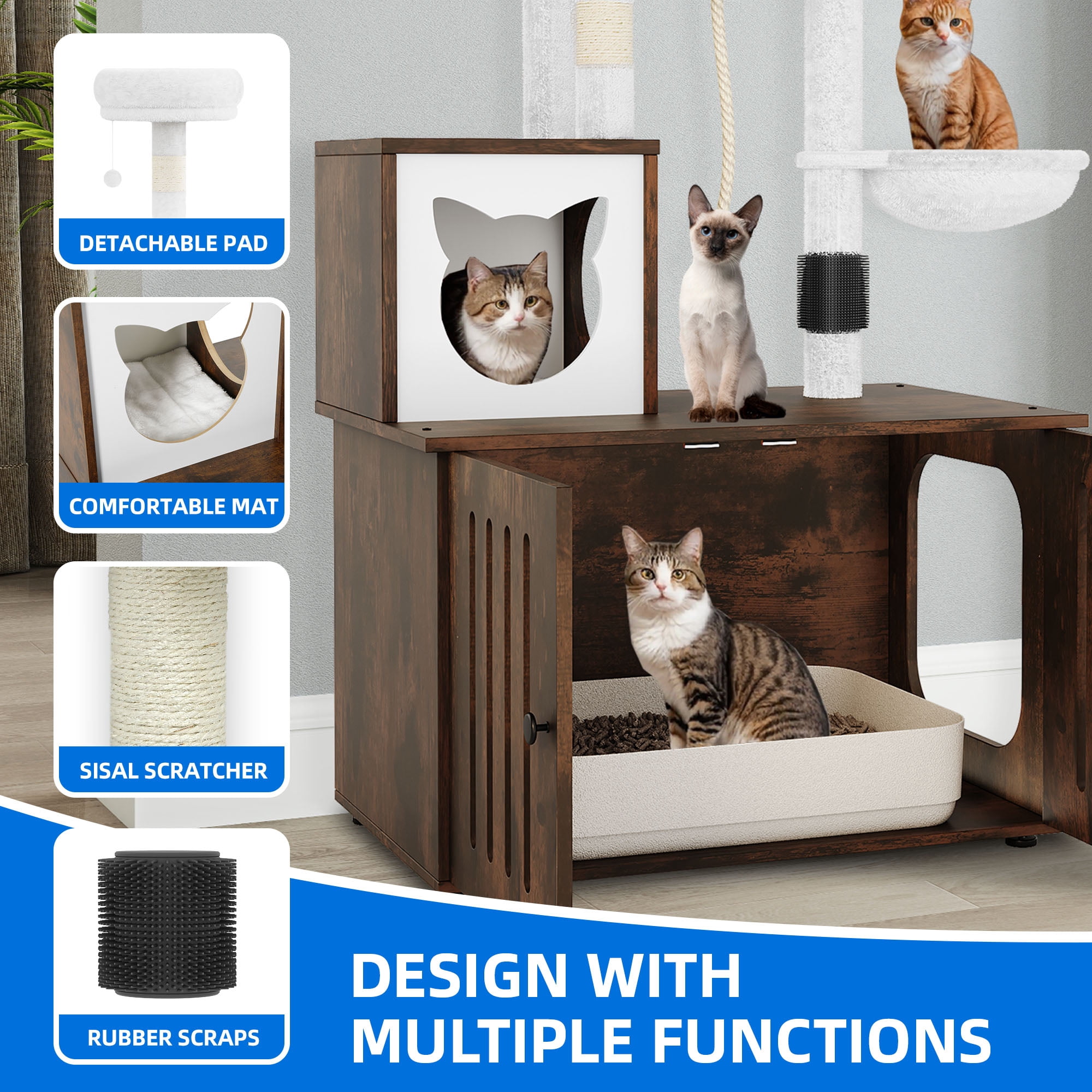 Dextrus 2-in-1 Cat Tree with Litter Box Enclosure,53.5" Large Modern Cat Condo with Scratching Posts, Perch, Food Station, Hammocks, Scratch Post, Rustic Brown
