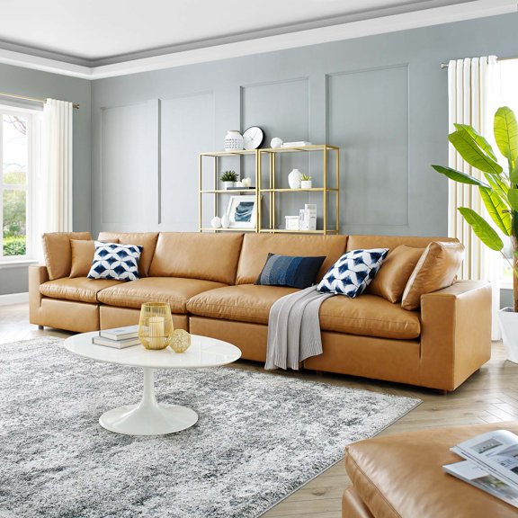 Modway Commix Down Filled Overstuffed Vegan Leather 4-Seater Sofa in Tan